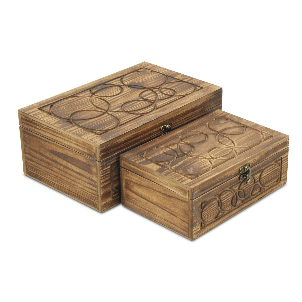 Contemporary Home Living Set of 2 Brown Vintage Handcrafted Carved Storage Boxes 11.75"